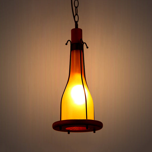 Brown 1 Head Ceiling Pendant Warehouse Yellow Glass Bottle Hanging Light Kit with Wood Tray Design Clearhalo 'Ceiling Lights' 'Glass shade' 'Glass' 'Industrial Pendants' 'Industrial' 'Middle Century Pendants' 'Pendant Lights' 'Pendants' 'Tiffany' Lighting' 728400