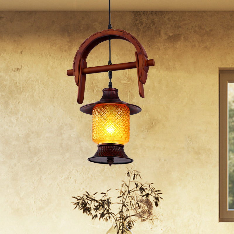 Factory Cylinder Hanging Lamp 1 Light Yellow Grid Glass Pendant Light Fixture in Copper with Wood Curved Frame Copper Clearhalo 'Ceiling Lights' 'Glass shade' 'Glass' 'Industrial Pendants' 'Industrial' 'Middle Century Pendants' 'Pendant Lights' 'Pendants' 'Tiffany' Lighting' 728402