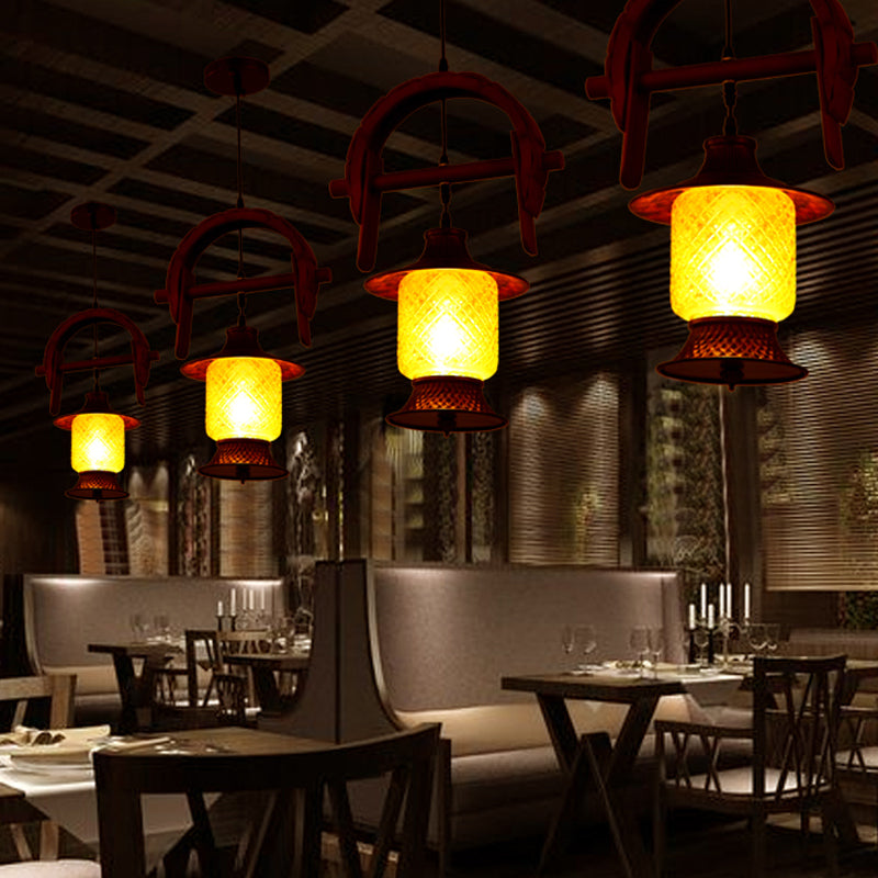 Factory Cylinder Hanging Lamp 1 Light Yellow Grid Glass Pendant Light Fixture in Copper with Wood Curved Frame Clearhalo 'Ceiling Lights' 'Glass shade' 'Glass' 'Industrial Pendants' 'Industrial' 'Middle Century Pendants' 'Pendant Lights' 'Pendants' 'Tiffany' Lighting' 728403