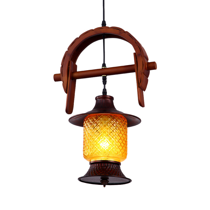 Factory Cylinder Hanging Lamp 1 Light Yellow Grid Glass Pendant Light Fixture in Copper with Wood Curved Frame Clearhalo 'Ceiling Lights' 'Glass shade' 'Glass' 'Industrial Pendants' 'Industrial' 'Middle Century Pendants' 'Pendant Lights' 'Pendants' 'Tiffany' Lighting' 728404
