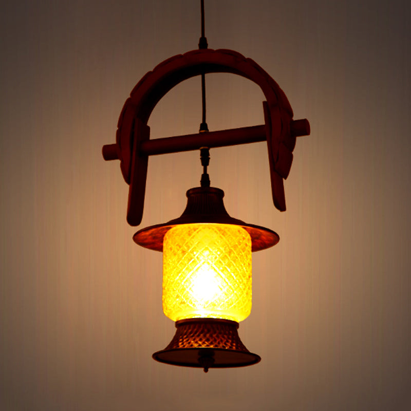 Factory Cylinder Hanging Lamp 1 Light Yellow Grid Glass Pendant Light Fixture in Copper with Wood Curved Frame Clearhalo 'Ceiling Lights' 'Glass shade' 'Glass' 'Industrial Pendants' 'Industrial' 'Middle Century Pendants' 'Pendant Lights' 'Pendants' 'Tiffany' Lighting' 728405