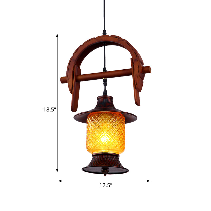Factory Cylinder Hanging Lamp 1 Light Yellow Grid Glass Pendant Light Fixture in Copper with Wood Curved Frame Clearhalo 'Ceiling Lights' 'Glass shade' 'Glass' 'Industrial Pendants' 'Industrial' 'Middle Century Pendants' 'Pendant Lights' 'Pendants' 'Tiffany' Lighting' 728406