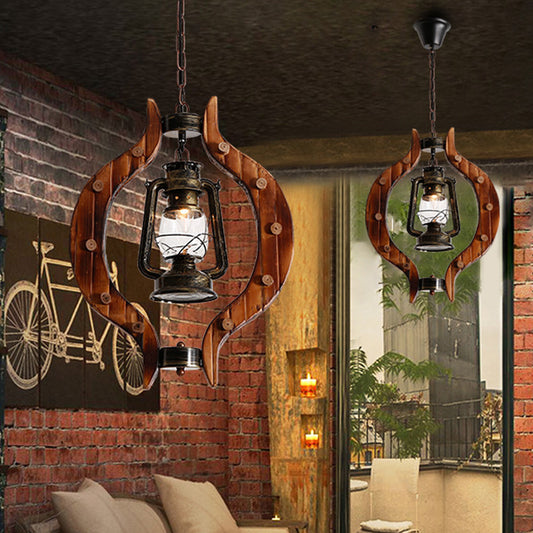 1 Light Lantern Iron Hanging Lighting Warehouse Brass Clear Glass Pendant Lamp with Wood Frame Clearhalo 'Art Deco Pendants' 'Cast Iron' 'Ceiling Lights' 'Ceramic' 'Crystal' 'Industrial Pendants' 'Industrial' 'Metal' 'Middle Century Pendants' 'Pendant Lights' 'Pendants' 'Tiffany' Lighting' 728413