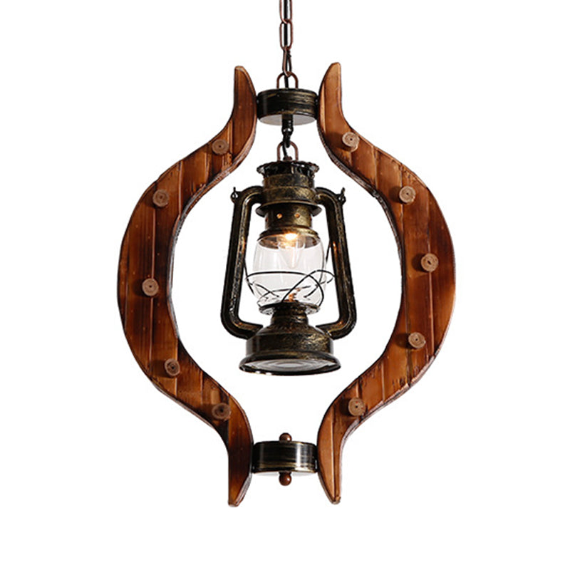 1 Light Lantern Iron Hanging Lighting Warehouse Brass Clear Glass Pendant Lamp with Wood Frame Clearhalo 'Art Deco Pendants' 'Cast Iron' 'Ceiling Lights' 'Ceramic' 'Crystal' 'Industrial Pendants' 'Industrial' 'Metal' 'Middle Century Pendants' 'Pendant Lights' 'Pendants' 'Tiffany' Lighting' 728414
