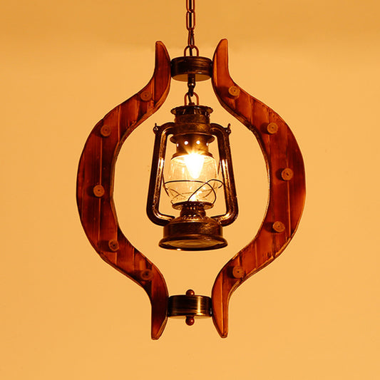 1 Light Lantern Iron Hanging Lighting Warehouse Brass Clear Glass Pendant Lamp with Wood Frame Clearhalo 'Art Deco Pendants' 'Cast Iron' 'Ceiling Lights' 'Ceramic' 'Crystal' 'Industrial Pendants' 'Industrial' 'Metal' 'Middle Century Pendants' 'Pendant Lights' 'Pendants' 'Tiffany' Lighting' 728415