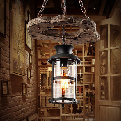 Cylinder Clear Glass Drop Pendant Loft 1-Head Dining Room Suspension Light in Black with Wood Circle Deco Black Clearhalo 'Art Deco Pendants' 'Black' 'Cast Iron' 'Ceiling Lights' 'Ceramic' 'Crystal' 'Industrial Pendants' 'Industrial' 'Metal' 'Middle Century Pendants' 'Pendant Lights' 'Pendants' 'Rustic Pendants' 'Tiffany' Lighting' 728417