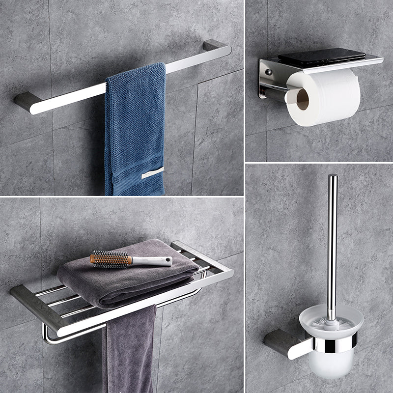 Contemporary Bathroom Accessories Hardware Set in Silver with Soap Dish 4-Piece Set Clearhalo 'Bathroom Hardware Sets' 'Bathroom Hardware' 'Bathroom Remodel & Bathroom Fixtures' 'bathroom_hardware_sets' 'Home Improvement' 'home_improvement' 'home_improvement_bathroom_hardware_sets' 7285025