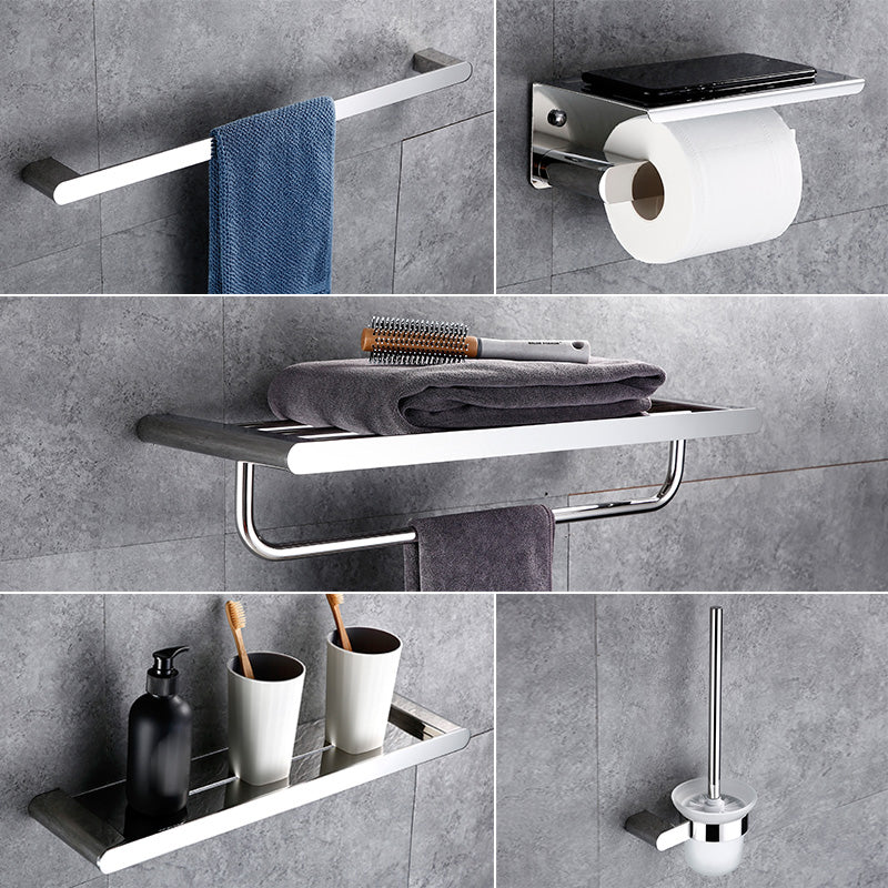 Contemporary Bathroom Accessories Hardware Set in Silver with Soap Dish 5 piece Set Clearhalo 'Bathroom Hardware Sets' 'Bathroom Hardware' 'Bathroom Remodel & Bathroom Fixtures' 'bathroom_hardware_sets' 'Home Improvement' 'home_improvement' 'home_improvement_bathroom_hardware_sets' 7285026