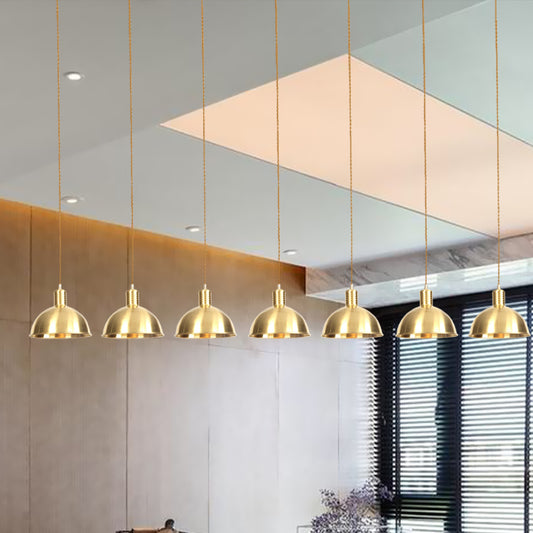 3/5/7-Light Tandem Multi Hanging Light Fixture Industrial Restaurant Pendant Lamp with Dome Metal Shade in Gold 7 Gold Clearhalo 'Art Deco Pendants' 'Cast Iron' 'Ceiling Lights' 'Ceramic' 'Crystal' 'Industrial Pendants' 'Industrial' 'Metal' 'Middle Century Pendants' 'Pendant Lights' 'Pendants' 'Tiffany' Lighting' 728502
