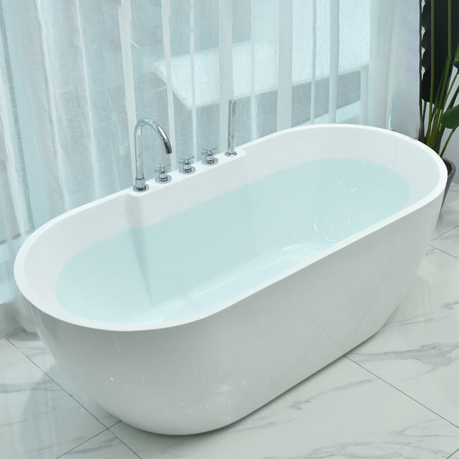 Antique Finish Stand Alone Bathtub Modern Soaking Oval Bath Tub White 63"L x 30"W x 23"H Tub with Silver 5-Piece Set Clearhalo 'Bathroom Remodel & Bathroom Fixtures' 'Bathtubs' 'Home Improvement' 'home_improvement' 'home_improvement_bathtubs' 'Showers & Bathtubs' 7285262