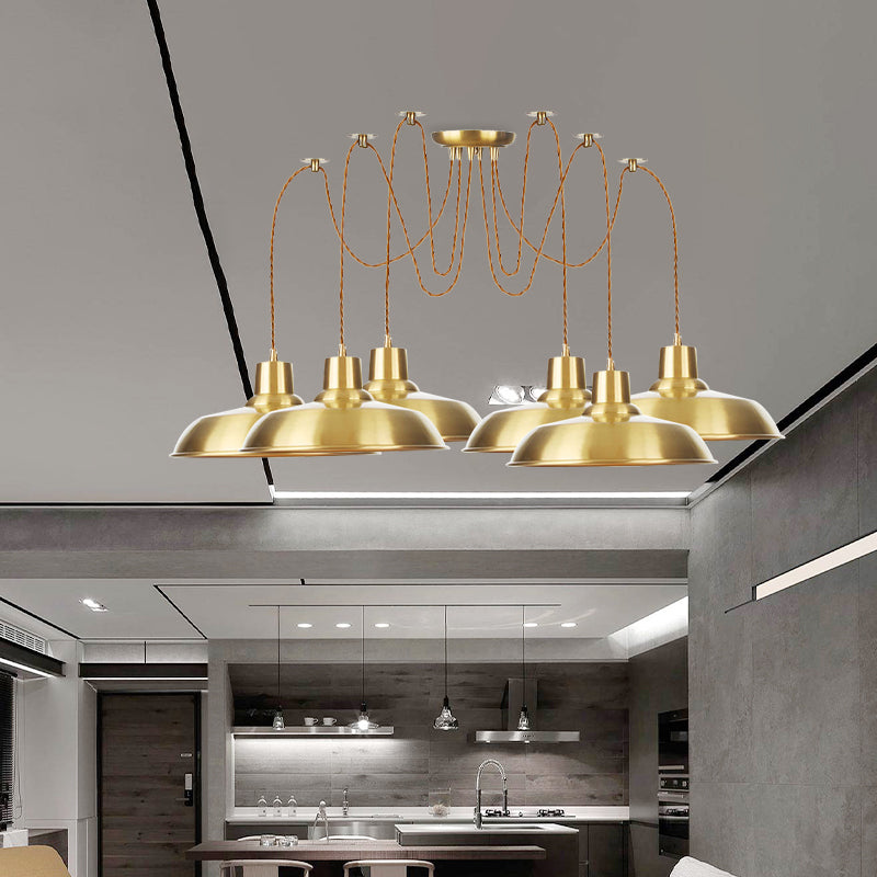 Gold Finish 2/3/4 Bulbs Multiple Lamp Pendants Industrial Metal Barn Shape Swag Hanging Light Fixture Clearhalo 'Art Deco Pendants' 'Cast Iron' 'Ceiling Lights' 'Ceramic' 'Crystal' 'Industrial Pendants' 'Industrial' 'Metal' 'Middle Century Pendants' 'Pendant Lights' 'Pendants' 'Tiffany' Lighting' 728534
