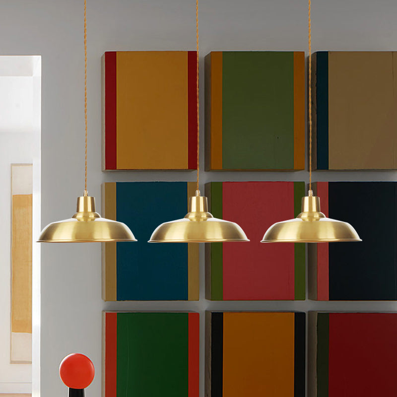 Metallic Gold Tandem Multi Light Chandelier Barn 3/5/7-Light Industrial Hanging Ceiling Lamp Clearhalo 'Art Deco Pendants' 'Cast Iron' 'Ceiling Lights' 'Ceramic' 'Crystal' 'Industrial Pendants' 'Industrial' 'Metal' 'Middle Century Pendants' 'Pendant Lights' 'Pendants' 'Tiffany' Lighting' 728545