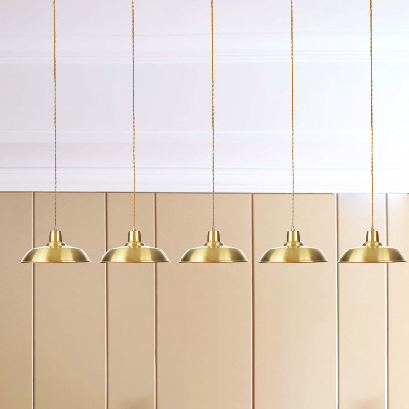 Metallic Gold Tandem Multi Light Chandelier Barn 3/5/7-Light Industrial Hanging Ceiling Lamp 5 Gold Clearhalo 'Art Deco Pendants' 'Cast Iron' 'Ceiling Lights' 'Ceramic' 'Crystal' 'Industrial Pendants' 'Industrial' 'Metal' 'Middle Century Pendants' 'Pendant Lights' 'Pendants' 'Tiffany' Lighting' 728548