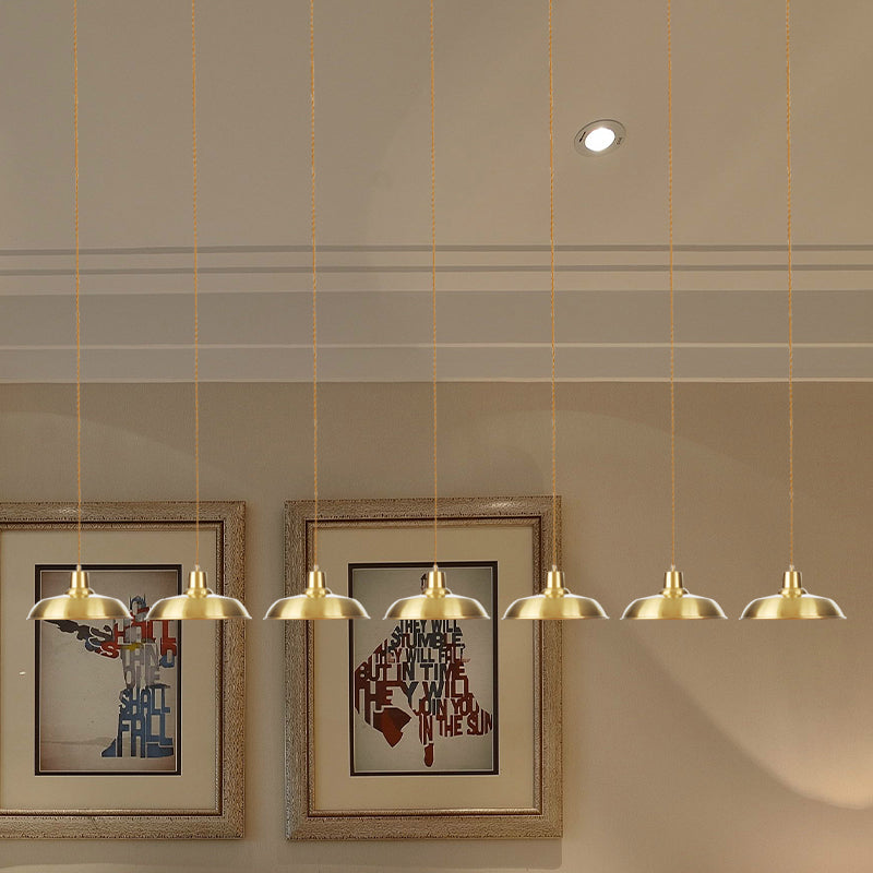 Metallic Gold Tandem Multi Light Chandelier Barn 3/5/7-Light Industrial Hanging Ceiling Lamp Clearhalo 'Art Deco Pendants' 'Cast Iron' 'Ceiling Lights' 'Ceramic' 'Crystal' 'Industrial Pendants' 'Industrial' 'Metal' 'Middle Century Pendants' 'Pendant Lights' 'Pendants' 'Tiffany' Lighting' 728555