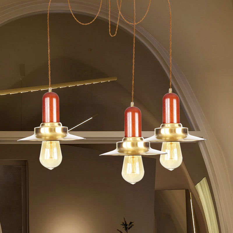 Flat Metal Multiple Hanging Pendant Lights Industrial 2/3/4-Bulb Clothing Store Swag Ceiling Lamp in Gold Clearhalo 'Art Deco Pendants' 'Cast Iron' 'Ceiling Lights' 'Ceramic' 'Crystal' 'Industrial Pendants' 'Industrial' 'Metal' 'Middle Century Pendants' 'Pendant Lights' 'Pendants' 'Tiffany' Lighting' 728570