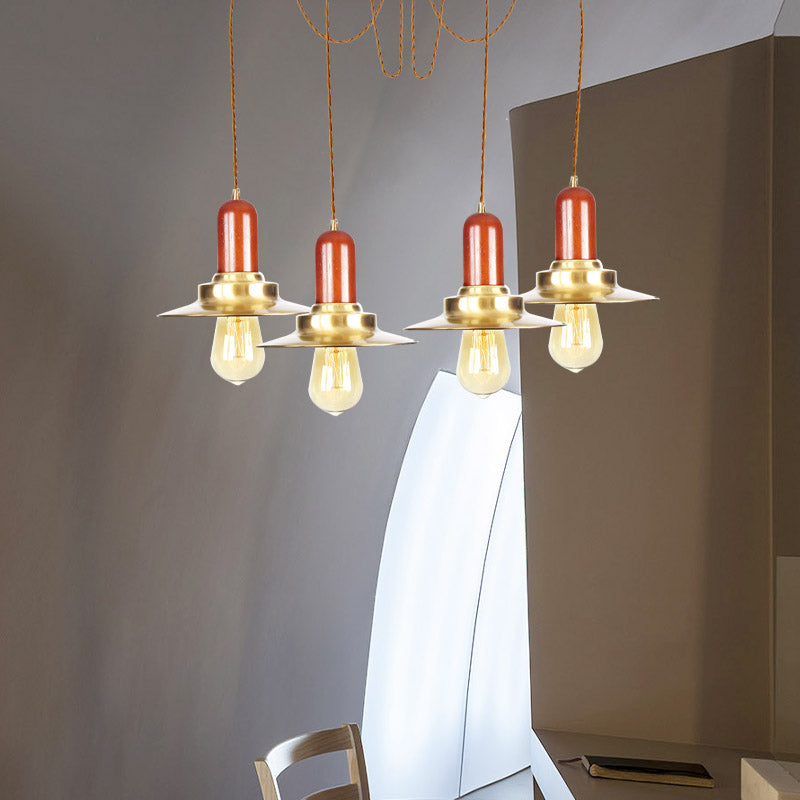 Flat Metal Multiple Hanging Pendant Lights Industrial 2/3/4-Bulb Clothing Store Swag Ceiling Lamp in Gold Clearhalo 'Art Deco Pendants' 'Cast Iron' 'Ceiling Lights' 'Ceramic' 'Crystal' 'Industrial Pendants' 'Industrial' 'Metal' 'Middle Century Pendants' 'Pendant Lights' 'Pendants' 'Tiffany' Lighting' 728574