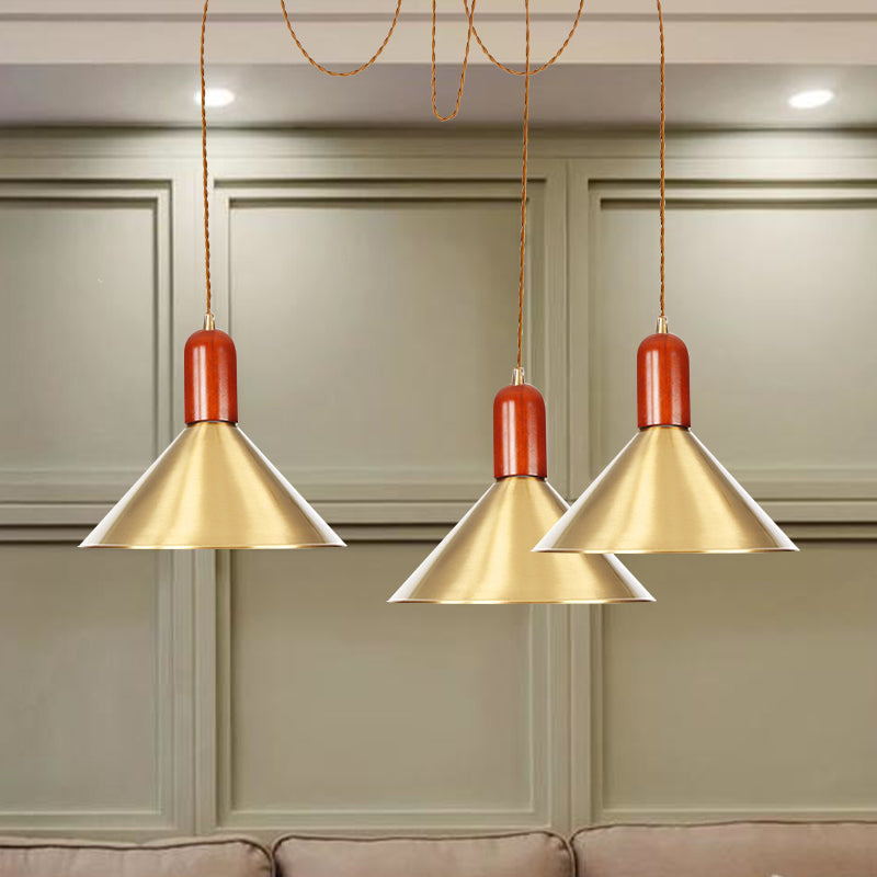 2/4/3 Heads Cone Multi Pendant Chandelier Industrial-Style Gold Finish Metal Swag Hanging Light Kit 3 Gold Clearhalo 'Art Deco Pendants' 'Cast Iron' 'Ceiling Lights' 'Ceramic' 'Crystal' 'Industrial Pendants' 'Industrial' 'Metal' 'Middle Century Pendants' 'Pendant Lights' 'Pendants' 'Tiffany' Lighting' 728614