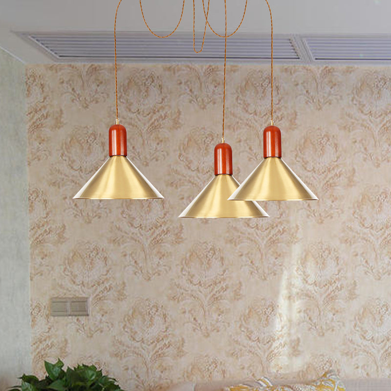 2/4/3 Heads Cone Multi Pendant Chandelier Industrial-Style Gold Finish Metal Swag Hanging Light Kit Clearhalo 'Art Deco Pendants' 'Cast Iron' 'Ceiling Lights' 'Ceramic' 'Crystal' 'Industrial Pendants' 'Industrial' 'Metal' 'Middle Century Pendants' 'Pendant Lights' 'Pendants' 'Tiffany' Lighting' 728615
