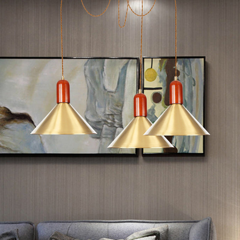 2/4/3 Heads Cone Multi Pendant Chandelier Industrial-Style Gold Finish Metal Swag Hanging Light Kit Clearhalo 'Art Deco Pendants' 'Cast Iron' 'Ceiling Lights' 'Ceramic' 'Crystal' 'Industrial Pendants' 'Industrial' 'Metal' 'Middle Century Pendants' 'Pendant Lights' 'Pendants' 'Tiffany' Lighting' 728616