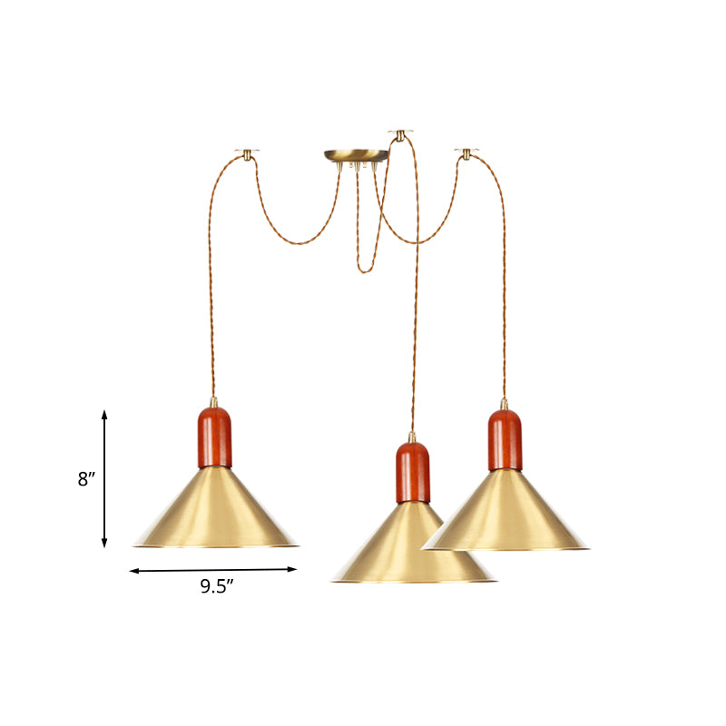 2/4/3 Heads Cone Multi Pendant Chandelier Industrial-Style Gold Finish Metal Swag Hanging Light Kit Clearhalo 'Art Deco Pendants' 'Cast Iron' 'Ceiling Lights' 'Ceramic' 'Crystal' 'Industrial Pendants' 'Industrial' 'Metal' 'Middle Century Pendants' 'Pendant Lights' 'Pendants' 'Tiffany' Lighting' 728618
