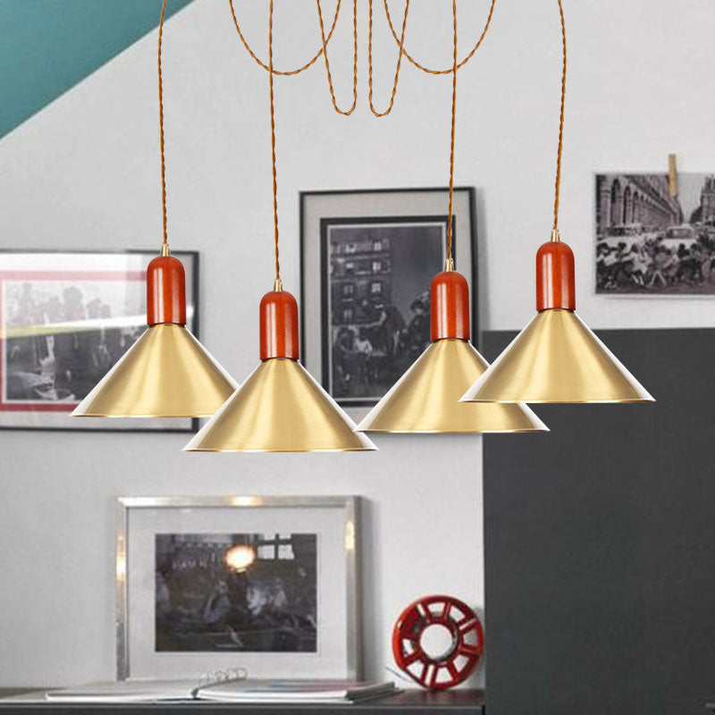 2/4/3 Heads Cone Multi Pendant Chandelier Industrial-Style Gold Finish Metal Swag Hanging Light Kit Clearhalo 'Art Deco Pendants' 'Cast Iron' 'Ceiling Lights' 'Ceramic' 'Crystal' 'Industrial Pendants' 'Industrial' 'Metal' 'Middle Century Pendants' 'Pendant Lights' 'Pendants' 'Tiffany' Lighting' 728621