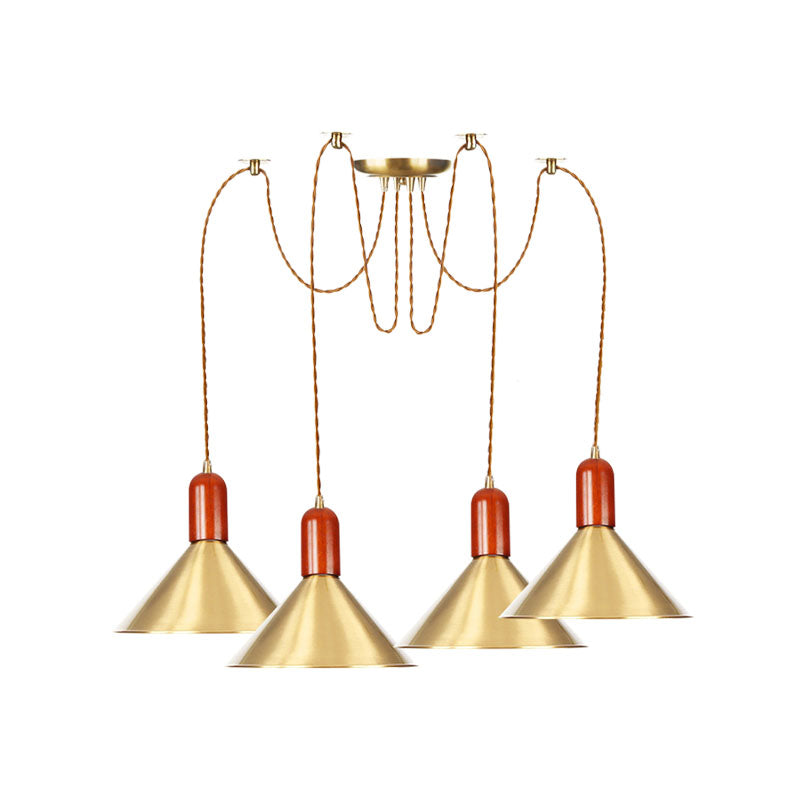 2/4/3 Heads Cone Multi Pendant Chandelier Industrial-Style Gold Finish Metal Swag Hanging Light Kit Clearhalo 'Art Deco Pendants' 'Cast Iron' 'Ceiling Lights' 'Ceramic' 'Crystal' 'Industrial Pendants' 'Industrial' 'Metal' 'Middle Century Pendants' 'Pendant Lights' 'Pendants' 'Tiffany' Lighting' 728622