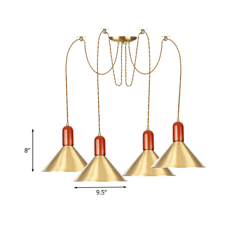 2/4/3 Heads Cone Multi Pendant Chandelier Industrial-Style Gold Finish Metal Swag Hanging Light Kit Clearhalo 'Art Deco Pendants' 'Cast Iron' 'Ceiling Lights' 'Ceramic' 'Crystal' 'Industrial Pendants' 'Industrial' 'Metal' 'Middle Century Pendants' 'Pendant Lights' 'Pendants' 'Tiffany' Lighting' 728623