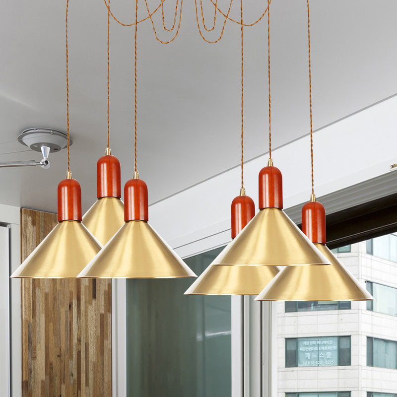 2/4/3 Heads Cone Multi Pendant Chandelier Industrial-Style Gold Finish Metal Swag Hanging Light Kit 6 Gold Clearhalo 'Art Deco Pendants' 'Cast Iron' 'Ceiling Lights' 'Ceramic' 'Crystal' 'Industrial Pendants' 'Industrial' 'Metal' 'Middle Century Pendants' 'Pendant Lights' 'Pendants' 'Tiffany' Lighting' 728624