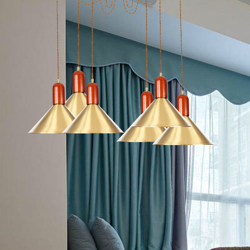 2/4/3 Heads Cone Multi Pendant Chandelier Industrial-Style Gold Finish Metal Swag Hanging Light Kit Clearhalo 'Art Deco Pendants' 'Cast Iron' 'Ceiling Lights' 'Ceramic' 'Crystal' 'Industrial Pendants' 'Industrial' 'Metal' 'Middle Century Pendants' 'Pendant Lights' 'Pendants' 'Tiffany' Lighting' 728625
