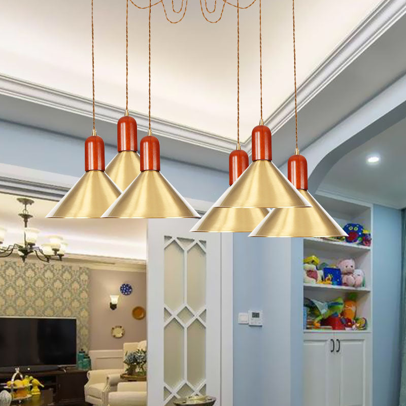 2/4/3 Heads Cone Multi Pendant Chandelier Industrial-Style Gold Finish Metal Swag Hanging Light Kit Clearhalo 'Art Deco Pendants' 'Cast Iron' 'Ceiling Lights' 'Ceramic' 'Crystal' 'Industrial Pendants' 'Industrial' 'Metal' 'Middle Century Pendants' 'Pendant Lights' 'Pendants' 'Tiffany' Lighting' 728626