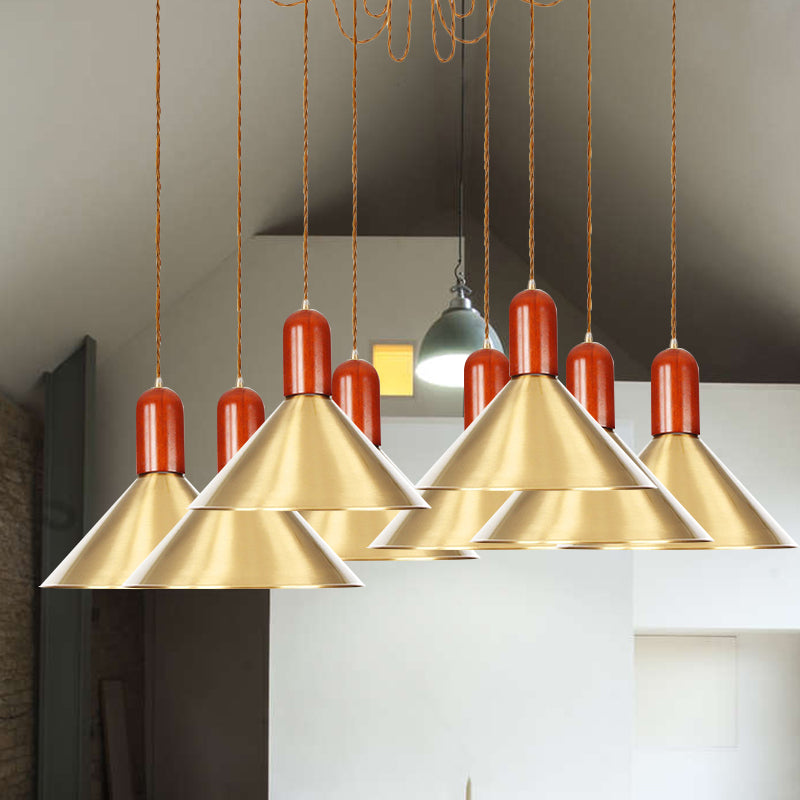 2/4/3 Heads Cone Multi Pendant Chandelier Industrial-Style Gold Finish Metal Swag Hanging Light Kit 8 Gold Clearhalo 'Art Deco Pendants' 'Cast Iron' 'Ceiling Lights' 'Ceramic' 'Crystal' 'Industrial Pendants' 'Industrial' 'Metal' 'Middle Century Pendants' 'Pendant Lights' 'Pendants' 'Tiffany' Lighting' 728629