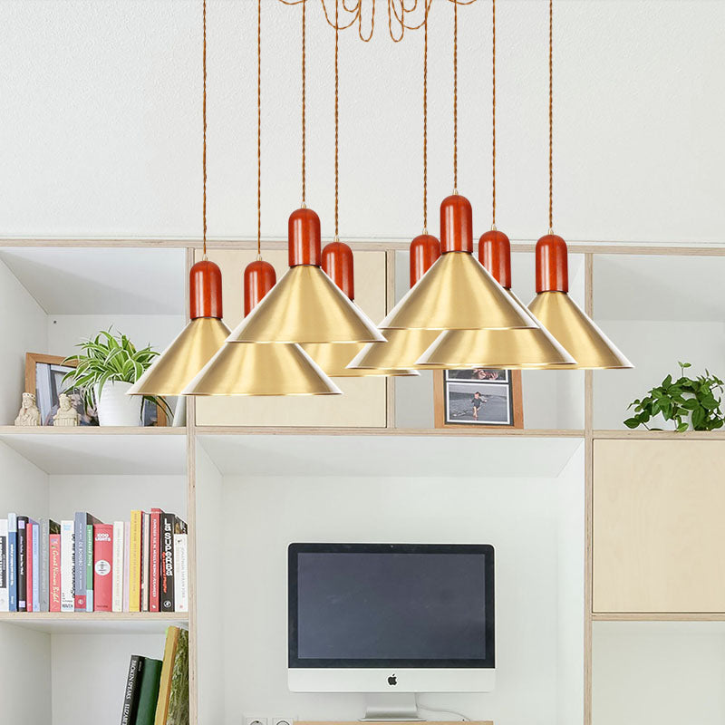 2/4/3 Heads Cone Multi Pendant Chandelier Industrial-Style Gold Finish Metal Swag Hanging Light Kit Clearhalo 'Art Deco Pendants' 'Cast Iron' 'Ceiling Lights' 'Ceramic' 'Crystal' 'Industrial Pendants' 'Industrial' 'Metal' 'Middle Century Pendants' 'Pendant Lights' 'Pendants' 'Tiffany' Lighting' 728630