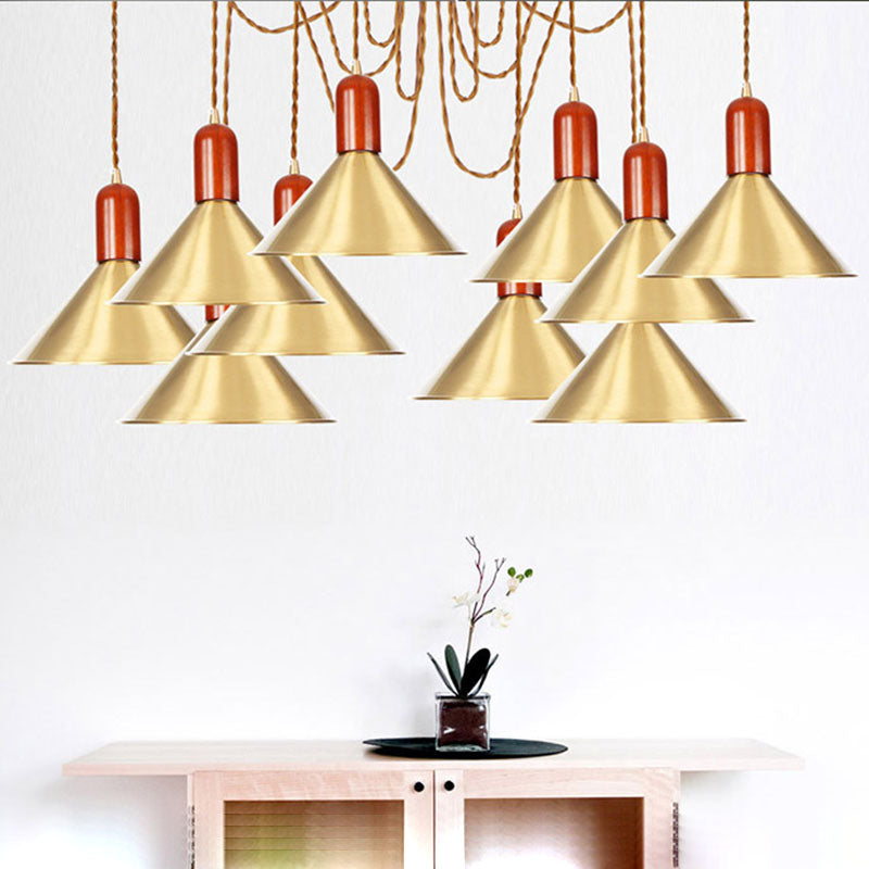 2/4/3 Heads Cone Multi Pendant Chandelier Industrial-Style Gold Finish Metal Swag Hanging Light Kit 10 Gold Clearhalo 'Art Deco Pendants' 'Cast Iron' 'Ceiling Lights' 'Ceramic' 'Crystal' 'Industrial Pendants' 'Industrial' 'Metal' 'Middle Century Pendants' 'Pendant Lights' 'Pendants' 'Tiffany' Lighting' 728634