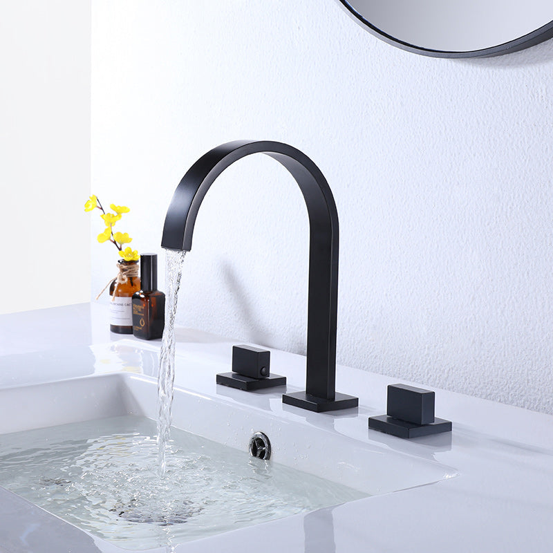 Modern Double Handle Sink Faucet with Water Inlet Pipe Bathroom Brass Sink Faucet Black Flat Square Clearhalo 'Bathroom Remodel & Bathroom Fixtures' 'Bathroom Sink Faucets' 'Bathroom Sinks & Faucet Components' 'bathroom_sink_faucets' 'Home Improvement' 'home_improvement' 'home_improvement_bathroom_sink_faucets' 7286793