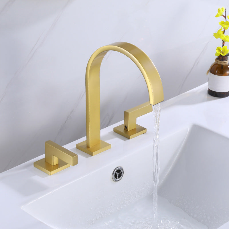 Modern Double Handle Sink Faucet with Water Inlet Pipe Bathroom Brass Sink Faucet Gold Flat Lever Handles Clearhalo 'Bathroom Remodel & Bathroom Fixtures' 'Bathroom Sink Faucets' 'Bathroom Sinks & Faucet Components' 'bathroom_sink_faucets' 'Home Improvement' 'home_improvement' 'home_improvement_bathroom_sink_faucets' 7286795