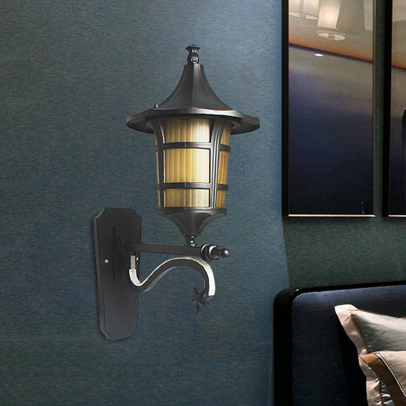 1-Bulb Urn Wall Sconce Farmhouse Black Clear Water/Tan Ribbed Glass Wall Mounted Lamp, 20"/21.5" Wide Black 21.5" Clearhalo 'Wall Lamps & Sconces' 'Wall Lights' Lighting' 728713