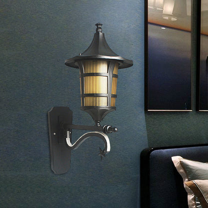 1-Bulb Urn Wall Sconce Farmhouse Black Clear Water/Tan Ribbed Glass Wall Mounted Lamp, 20"/21.5" Wide Black 21.5" Clearhalo 'Wall Lamps & Sconces' 'Wall Lights' Lighting' 728713