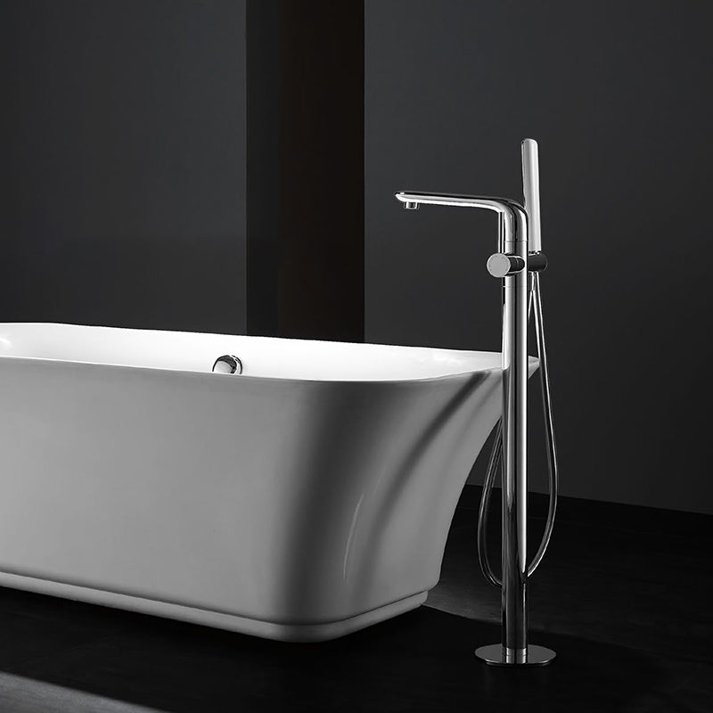 Traditional Floor Mounted Swivel Freestanding Tub Filler Metal Freestanding Faucet Silver Flat Clearhalo 'Bathroom Remodel & Bathroom Fixtures' 'Bathtub Faucets' 'bathtub_faucets' 'Home Improvement' 'home_improvement' 'home_improvement_bathtub_faucets' 7287150
