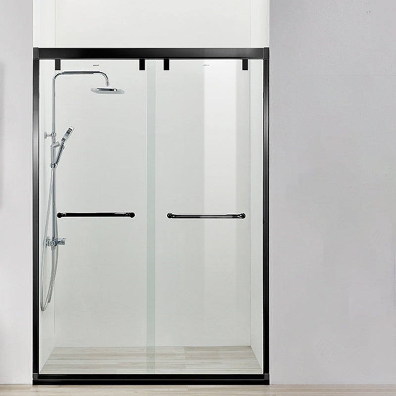 Black Double Sliding Shower Bath Door Semi-Frameless Tempered Shower Doors Black Hanging Wheel Clearhalo 'Bathroom Remodel & Bathroom Fixtures' 'Home Improvement' 'home_improvement' 'home_improvement_shower_tub_doors' 'Shower and Tub Doors' 'shower_tub_doors' 'Showers & Bathtubs' 7287476