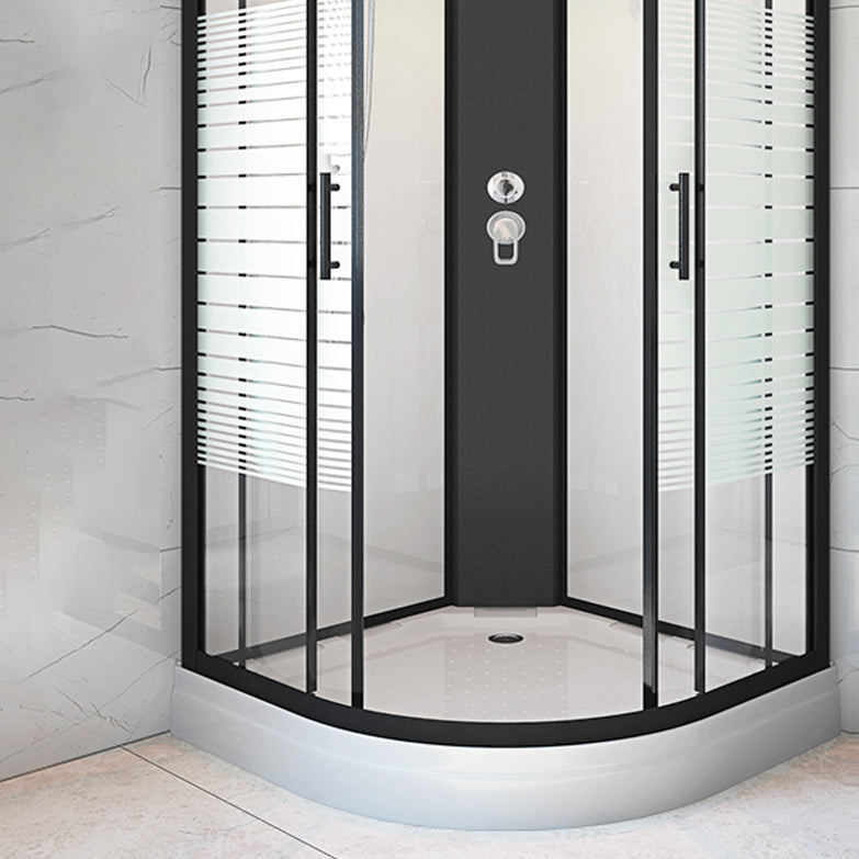 Striped Tempered Glass Shower Stall Black Double Sliding Door Shower Room Clearhalo 'Bathroom Remodel & Bathroom Fixtures' 'Home Improvement' 'home_improvement' 'home_improvement_shower_stalls_enclosures' 'Shower Stalls & Enclosures' 'shower_stalls_enclosures' 'Showers & Bathtubs' 7289042