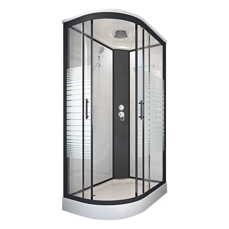 Striped Tempered Glass Shower Stall Black Double Sliding Door Shower Room Clearhalo 'Bathroom Remodel & Bathroom Fixtures' 'Home Improvement' 'home_improvement' 'home_improvement_shower_stalls_enclosures' 'Shower Stalls & Enclosures' 'shower_stalls_enclosures' 'Showers & Bathtubs' 7289044