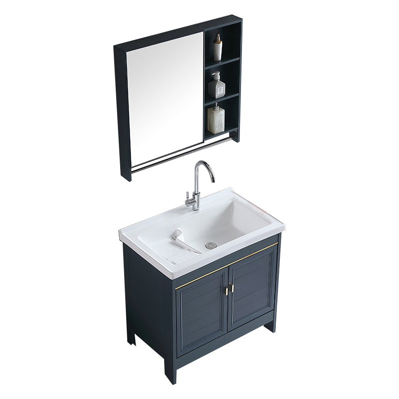 Grey Bath Vanity Freestanding Rectangular Single Sink Doors Metal Frame Vanity with Mirror Vanity & Faucet & Mirror Cabinet Clearhalo 'Bathroom Remodel & Bathroom Fixtures' 'Bathroom Vanities' 'bathroom_vanities' 'Home Improvement' 'home_improvement' 'home_improvement_bathroom_vanities' 7289154