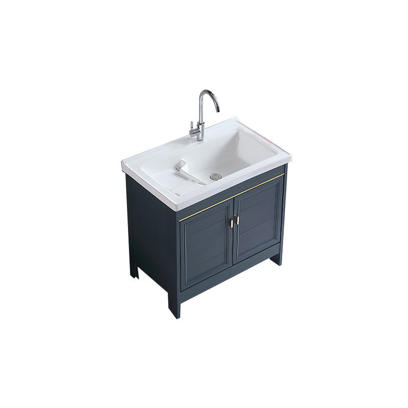 Grey Bath Vanity Freestanding Rectangular Single Sink Doors Metal Frame Vanity with Mirror Vanity & Faucet Clearhalo 'Bathroom Remodel & Bathroom Fixtures' 'Bathroom Vanities' 'bathroom_vanities' 'Home Improvement' 'home_improvement' 'home_improvement_bathroom_vanities' 7289157