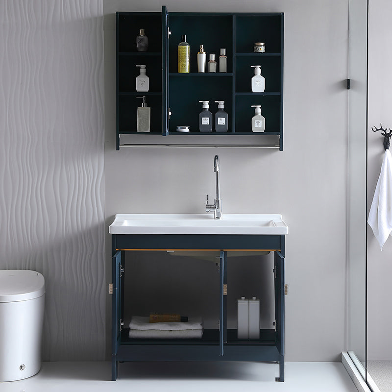 Grey Bath Vanity Freestanding Rectangular Single Sink Doors Metal Frame Vanity with Mirror Clearhalo 'Bathroom Remodel & Bathroom Fixtures' 'Bathroom Vanities' 'bathroom_vanities' 'Home Improvement' 'home_improvement' 'home_improvement_bathroom_vanities' 7289158