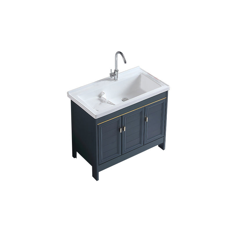 Grey Bath Vanity Freestanding Rectangular Single Sink Doors Metal Frame Vanity with Mirror Vanity & Faucet Clearhalo 'Bathroom Remodel & Bathroom Fixtures' 'Bathroom Vanities' 'bathroom_vanities' 'Home Improvement' 'home_improvement' 'home_improvement_bathroom_vanities' 7289159