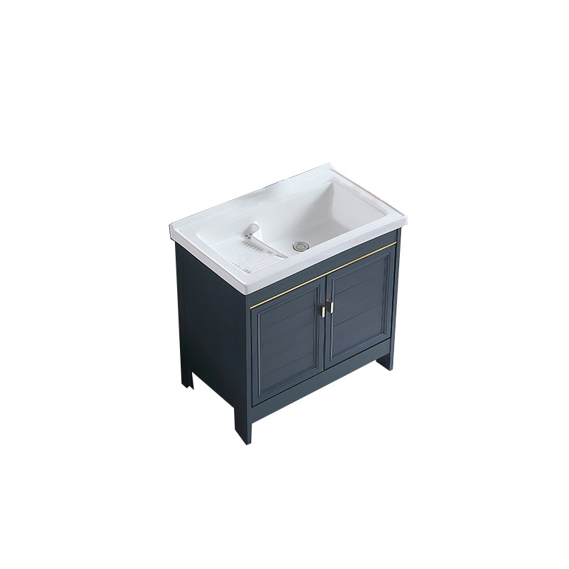 Grey Bath Vanity Freestanding Rectangular Single Sink Doors Metal Frame Vanity with Mirror Bathroom Vanity Clearhalo 'Bathroom Remodel & Bathroom Fixtures' 'Bathroom Vanities' 'bathroom_vanities' 'Home Improvement' 'home_improvement' 'home_improvement_bathroom_vanities' 7289161