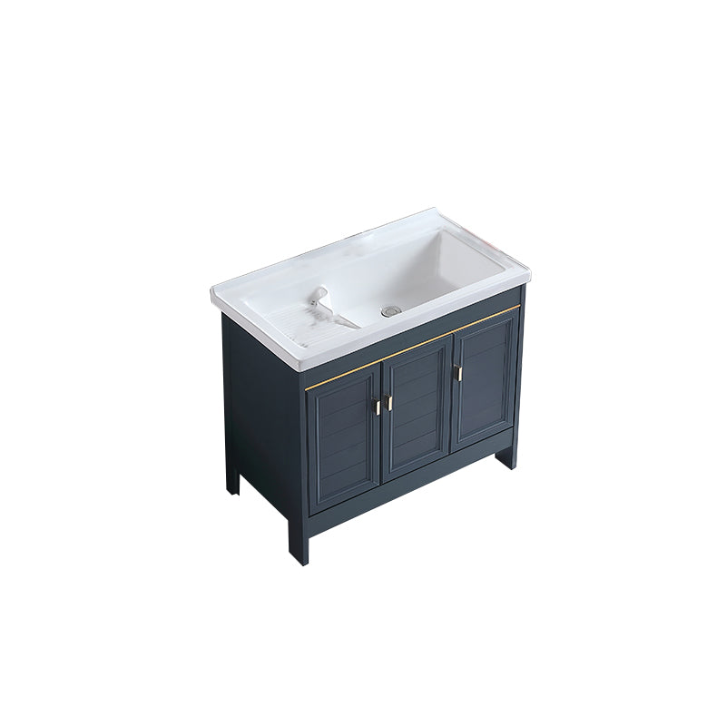 Grey Bath Vanity Freestanding Rectangular Single Sink Doors Metal Frame Vanity with Mirror Bathroom Vanity Clearhalo 'Bathroom Remodel & Bathroom Fixtures' 'Bathroom Vanities' 'bathroom_vanities' 'Home Improvement' 'home_improvement' 'home_improvement_bathroom_vanities' 7289163