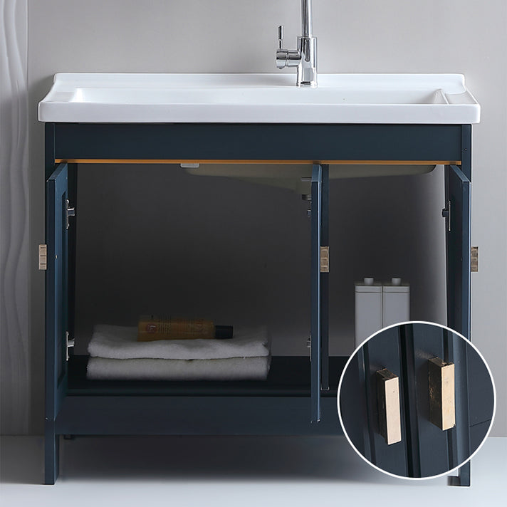 Grey Bath Vanity Freestanding Rectangular Single Sink Doors Metal Frame Vanity with Mirror Clearhalo 'Bathroom Remodel & Bathroom Fixtures' 'Bathroom Vanities' 'bathroom_vanities' 'Home Improvement' 'home_improvement' 'home_improvement_bathroom_vanities' 7289165