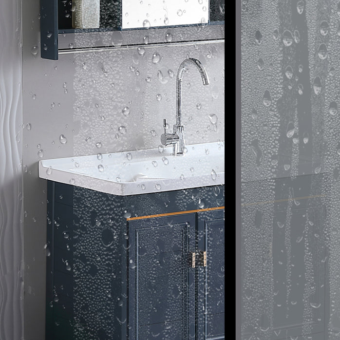 Grey Bath Vanity Freestanding Rectangular Single Sink Doors Metal Frame Vanity with Mirror Clearhalo 'Bathroom Remodel & Bathroom Fixtures' 'Bathroom Vanities' 'bathroom_vanities' 'Home Improvement' 'home_improvement' 'home_improvement_bathroom_vanities' 7289166