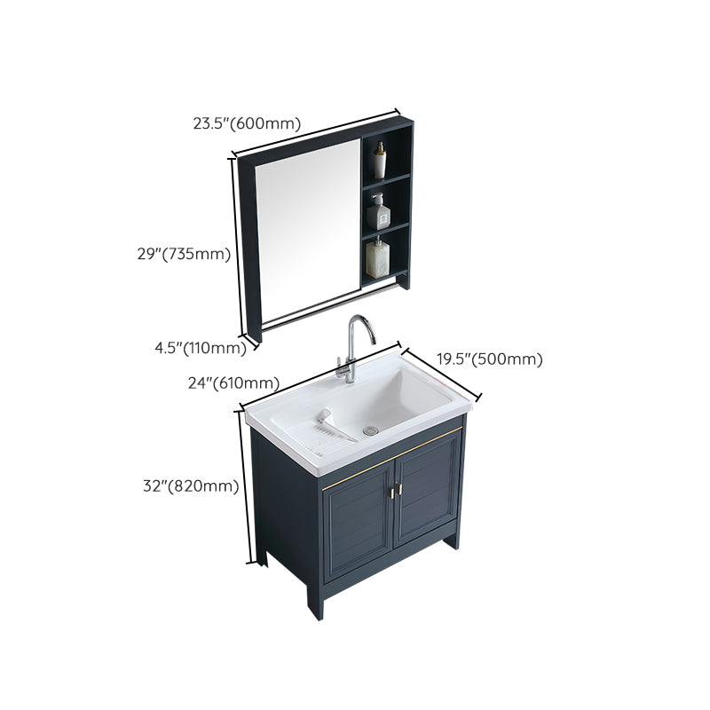 Grey Bath Vanity Freestanding Rectangular Single Sink Doors Metal Frame Vanity with Mirror Clearhalo 'Bathroom Remodel & Bathroom Fixtures' 'Bathroom Vanities' 'bathroom_vanities' 'Home Improvement' 'home_improvement' 'home_improvement_bathroom_vanities' 7289177